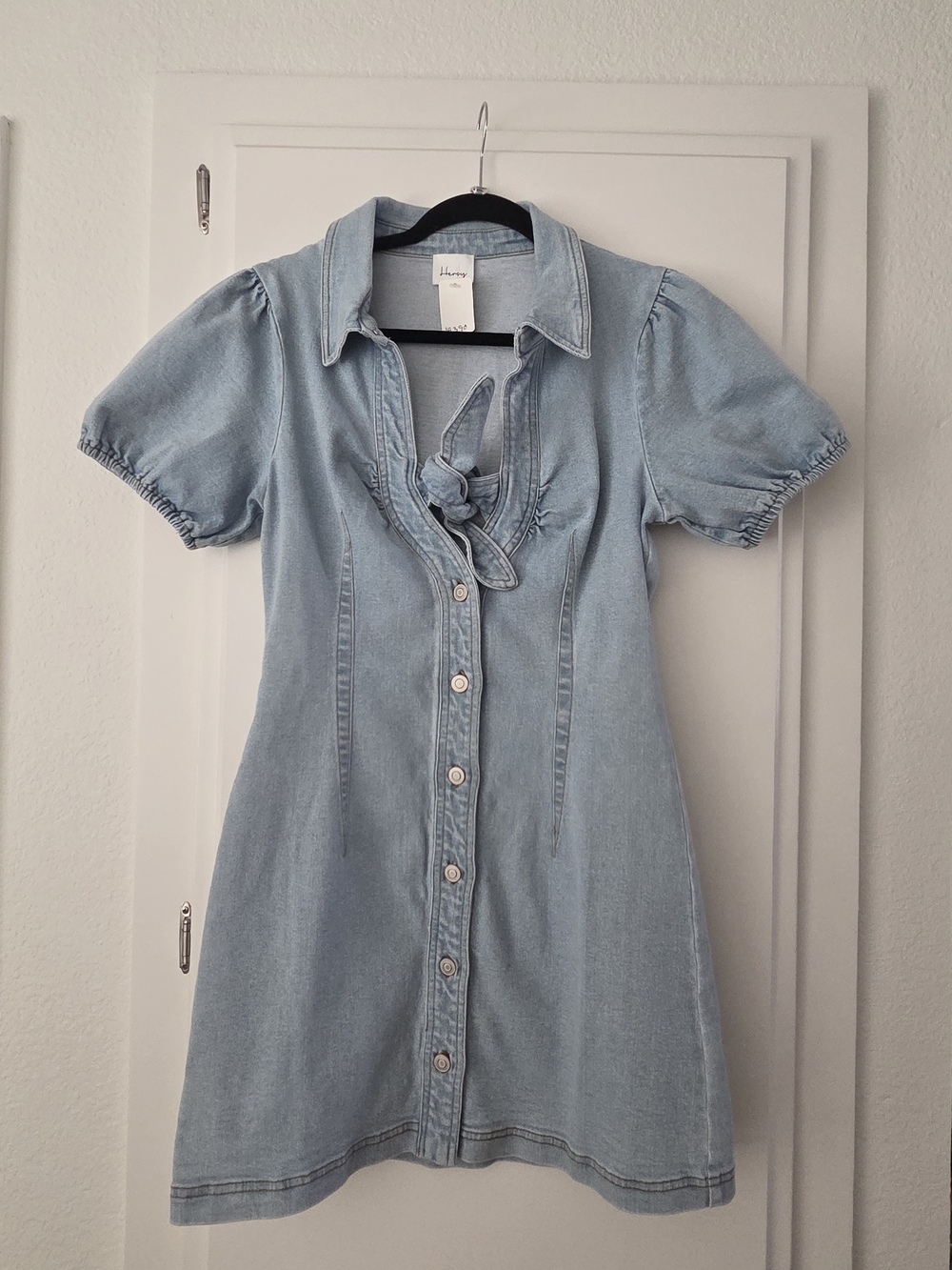 Light Blue Denim Button-Front Dress with Tie Neck